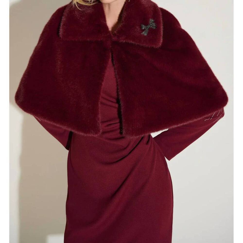 NEW JOSEPH RIBKOFF faux fur cropped cape jacket in merlot